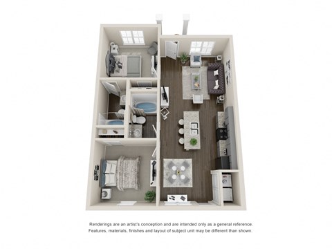 Floor plan for 2 beds, 2 baths, 901 sqft